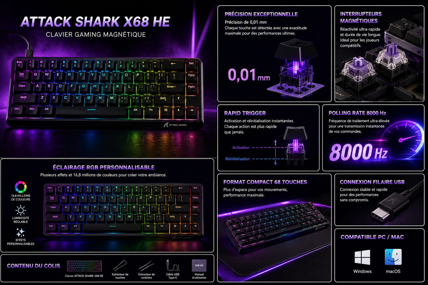 Clavier Gaming ATTACK SHARK X68 HE - RGB & Rapid Trigger - Hall Effect