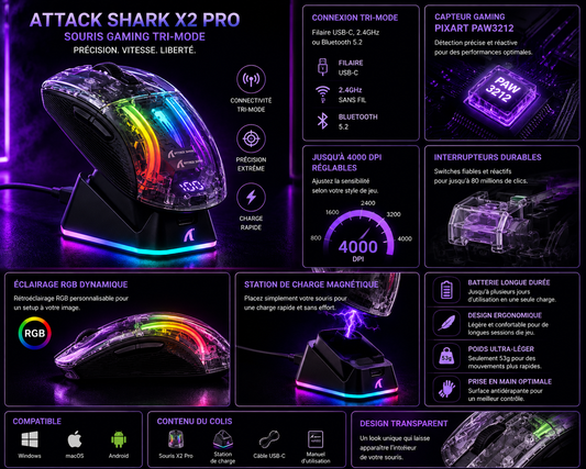 Souris Gaming ATTACK SHARK X2 Pro - RGB - Station de Charge Sans Fil