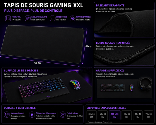Tapis de Souris Gaming XXL - 100 x 50 cm - Surface Lisse et Base Antidérapante