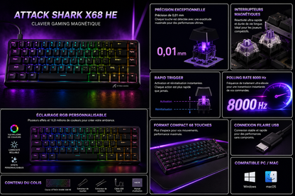 Clavier Gaming ATTACK SHARK X68 HE - RGB & Rapid Trigger - Hall Effect