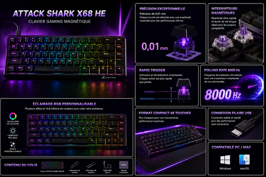 Clavier Gaming ATTACK SHARK X68 HE - RGB & Rapid Trigger - Hall Effect
